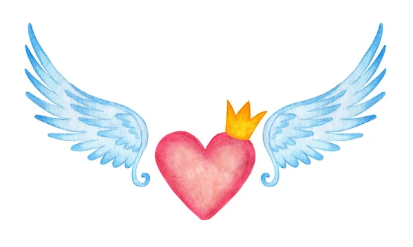 水彩画的粉色心脏在皇冠与天使的翅膀 情人节 婚礼或其他节日的明信片 被白色背景隔离 手绘的 — 图库矢量图片