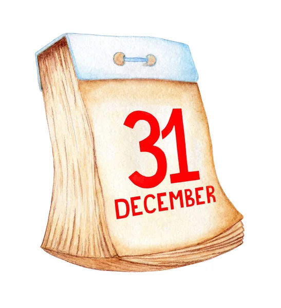 涙ページと赤で12月31日の日付と古いカレンダーの水彩イラスト 休日の新年の白の背景に隔離された日 手描き — ストックベクタ