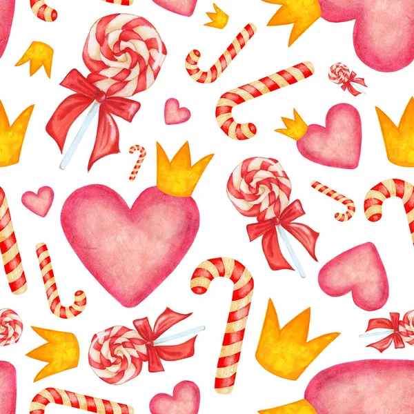 水彩シームレスロマンチックなパターン ピンクのハート クラウン ロリポップ お菓子 繰り返しの背景が繊細なのです 白い背景に隔離されている 手描きで — ストックベクタ