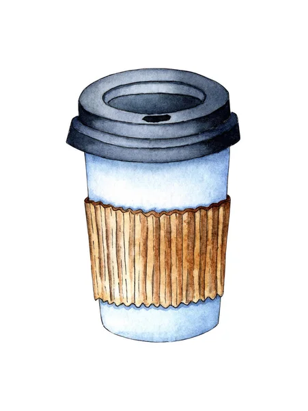 Akvarel Malování Odnést Šálek Kávy Papírový Nebo Plastový Kelímek Víčkem — Stockový vektor
