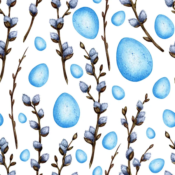 Aquarell Illustration Eines Nahtlosen Ostermusters Mit Blauen Eiern Und Weidenzweigen — Stockvektor