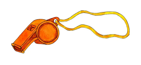 黄色のロープにオレンジのスポーツ笛の水彩画のイラスト スポーツホイッスルやブロワーのコンセプトアイコン 審判の笛は金属製だ 白い背景に隔離されている 手描き — ストックベクタ