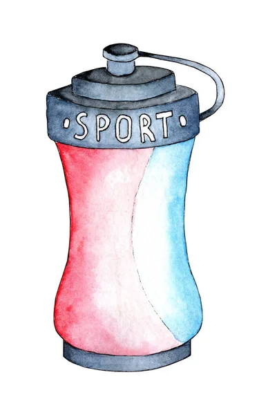 Акварельна Ілюстрація Пляшки Спортивної Води Булочка Фірмовим Спортивним Дизайном Рожевому — стоковий вектор