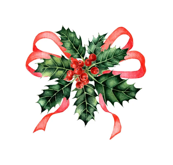 Aquarellmalerei Rote Schleife Und Stechpalme Mit Beeren Trendige Weihnachtsillustrationen Weihnachtsbilder — Stockfoto