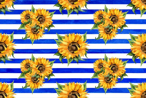 Watercolor Illustration Floral Sunflower Pattern Blue Striped Background Seamless Repeating — Stock Vector