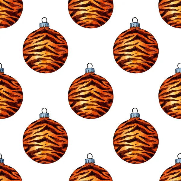 Akvarell Festés Minta Narancs Karácsonyi Labda Tigris Csík Díszítés Tigris — Stock Vector