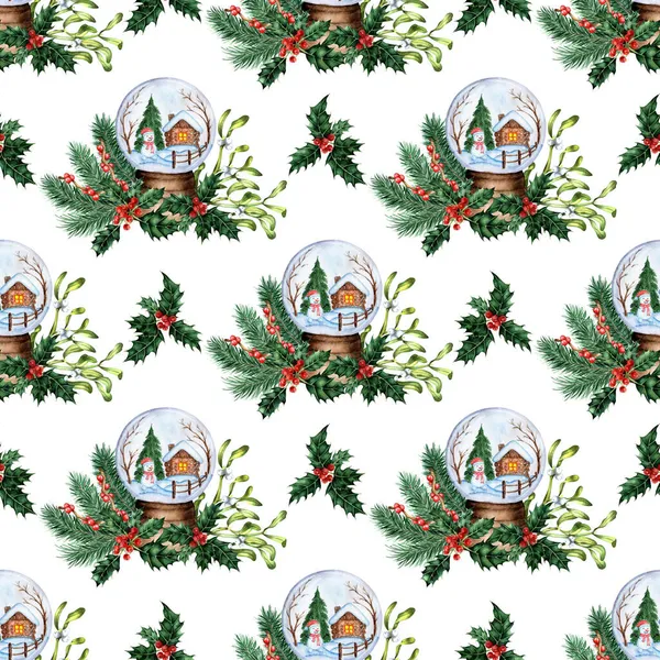水彩画雪球与房子 森林和雪人在里面 无缝地重复圣诞节和新年的节日印刷品 冬天的故事 被白色的背景隔离了手绘的 — 图库矢量图片