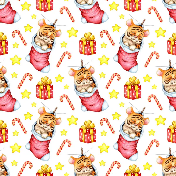 Watercolor painting pattern with cartoon tiger, gift, stars and lollipop. The symbol of the Chinese New Year, Christmas. Winter childrens illustration. Isolated over white background.