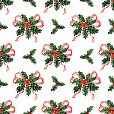 Suluboya desenli kırmızı kurdele ve meyveli çoban püskülü. Moda Noel çizimleri. Noel resimleri. Noel ağacı süslemesi. Beyaz bir arka planda izole edilmiş. Elle çizilmiş..