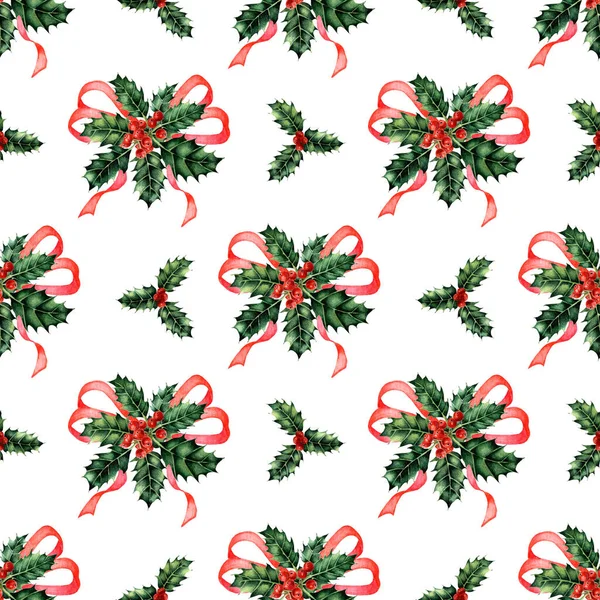 Aquarellmalerei Muster Rotes Band Und Stechpalme Mit Beeren Trendige Weihnachtsillustrationen — Stockvektor