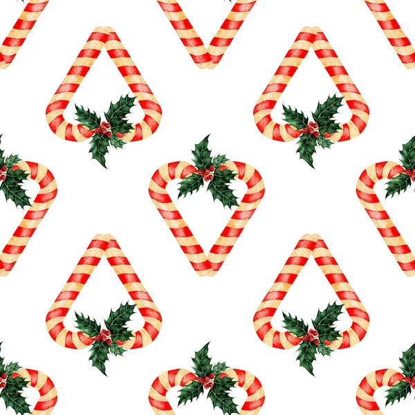Aquarell Malerei Süßigkeiten Und Stechpalmen Muster Trendige Weihnachtsillustrationen Weihnachtsbilder Traditionelle — Stockvektor