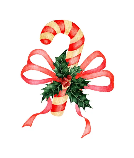 Suluboya boya lolipop, çobanpüskülü ve yay. Moda Noel çizimleri. Noel resimleri. Geleneksel dekor. Beyaz bir arka planda izole edilmiş. Elle çizilmiş..
