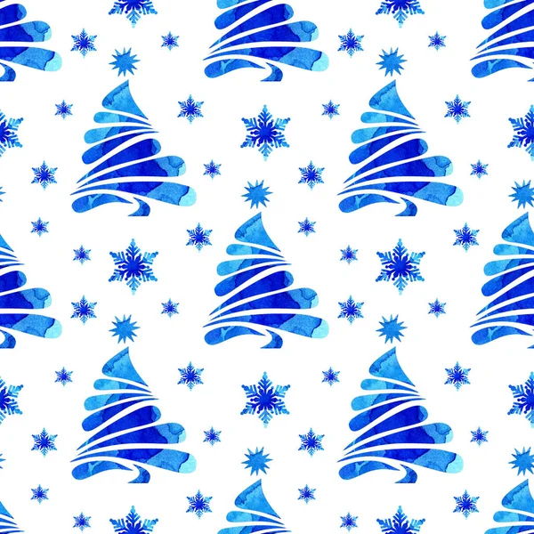 Mavi Köknar Ağaçları Kar Tanelerinin Suluboya Desenleri Kutlama Noel Yeni — Stok Vektör