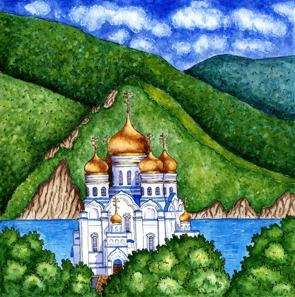 Pintura Acuarela Templo Cristiano Con Cúpulas Doradas Iglesia Fondo Naturaleza — Vector de stock