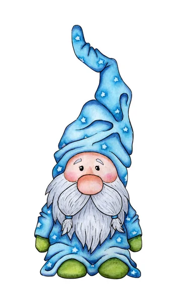 Watercolor Painting Gnome Blue Clothes Illustration Fairytale Hero Scandinavian Style — Stock Vector