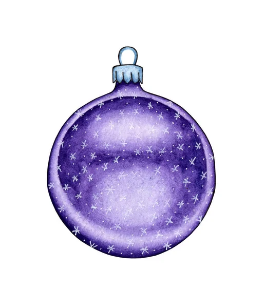 雪片とライラックガラスボールの水彩画 クリスマスツリー クリスマスと新年のためのお祝いの装飾を飾るための新年のボール 白い背景の上に隔離された 手描き — ストック写真