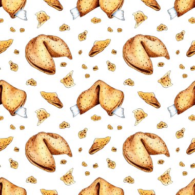 Fal kurabiyelerinin suluboya resmi. Çin bayramı kurabiyelerinin kusursuz bir kopyası. Çin Yeni Yılı. Kurabiyeler için fal baktırmak. Beyazda izole edilmiş. Elle çizilmiş..