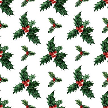 Çilekli yeşil çoban dalının suluboya deseni. Noel ve Yeni Yıl için kusursuz çiçek dalları baskısı. Beyaz arka planda izole edilmiş. Elle çizilmiş..