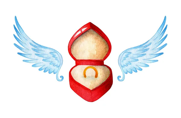 水彩画婚戒在一个红色的盒子和天使翅膀 求婚和爱情的概念 情人节 被白色背景隔离 手绘的 — 图库矢量图片