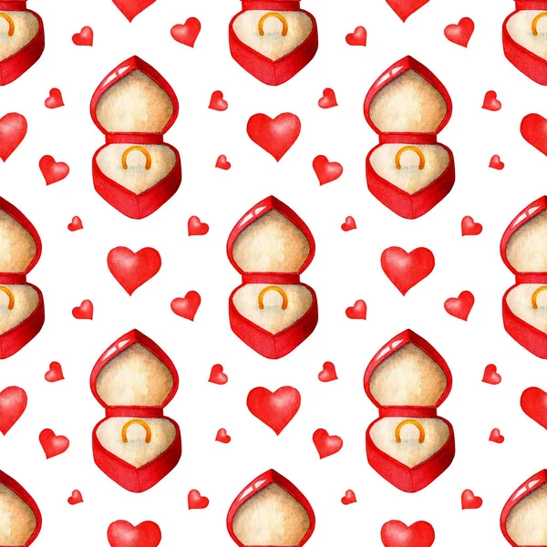 Свадебное Кольцо Красной Коробке Сердца Бесшовный Повторяющийся Отпечаток День Свадьбы — стоковый вектор
