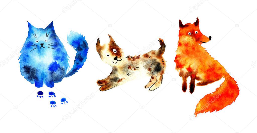 Watercolor painting set of animals cat, dog, fox. Abstract baby funny blots animals. Wild animals in their natural habitat. Isolated on white background. hand-drawn.