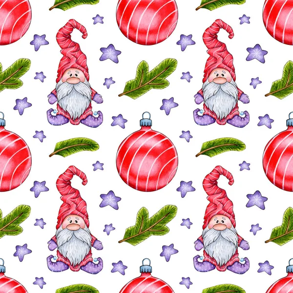 Suluboya boya desenli cüce, top, köknar dalları ve yıldızlar. Noel ve Yeni Yıl için kusursuz İskandinav peri stili baskılar. Giysiler, ambalajlar, hediyeler, kartlar, posterler ve kırtasiye malzemeleri için resim.