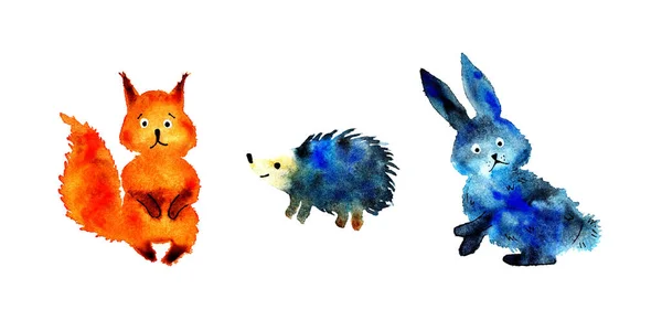 Watercolor Painting Set Animals Squirrel Hedgehog Hare Abstract Baby Funny — Vettoriale Stock