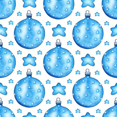 Parlayan Noel topları ve yıldızların suluboya desenleri. Kusursuz tekrarlanan yeni yıl tasarım için noel baskısı. Beyaz arka planda izole edilmiş. Elle çizilmiş..