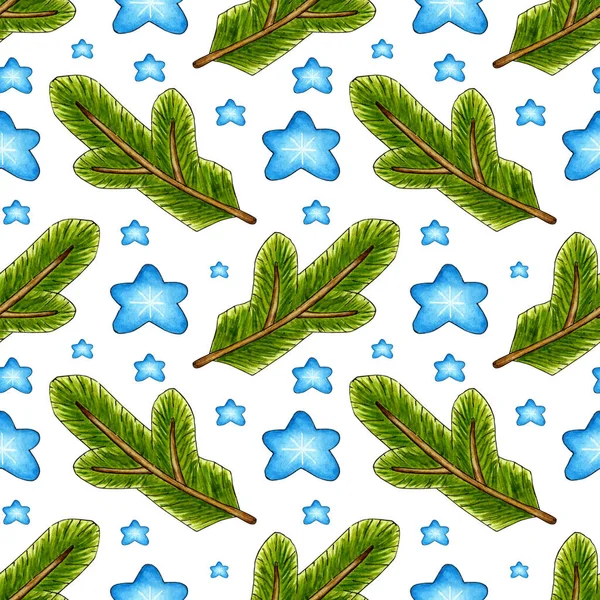 Watercolor Painting Pattern Doodle Fir Branches Blue Stars Winter Christmas —  Vetores de Stock