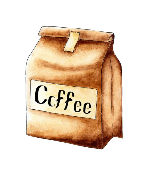 Aquarelverf Kraftzak Met Koffiebonen Milieuvriendelijk Veilig Traditionele Verpakking Voor Koffie — Stockfoto