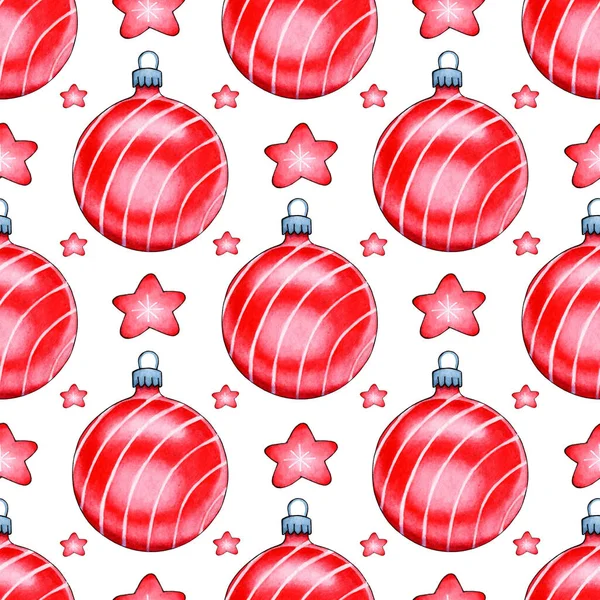 赤いクリスマスボールと星の水彩画 シームレスな繰り返し印刷新年 デザインのためのクリスマス 白い背景の上に隔離された 手描き — ストックベクタ