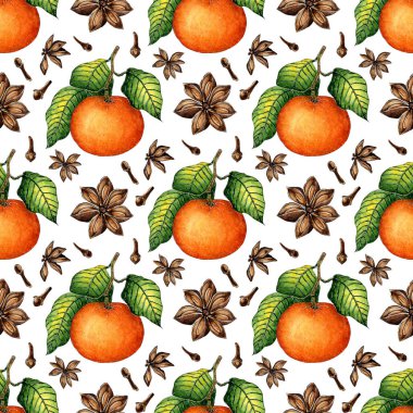 Olgun mandalina desenli suluboya boya yeşil yapraklı ve baharatlı tarçın, karanfil. Kusursuz, sulu narenciye izi. Kış mevsimi meyveleri. Beyaz arka planda izole edilmiş vitamin yiyeceği. Elle çizilmiş.