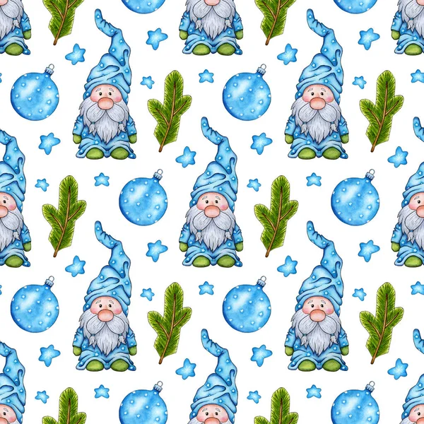 Watercolor Painting Pattern Gnome Ball Fir Branches Stars Seamless Repeating — Vettoriale Stock