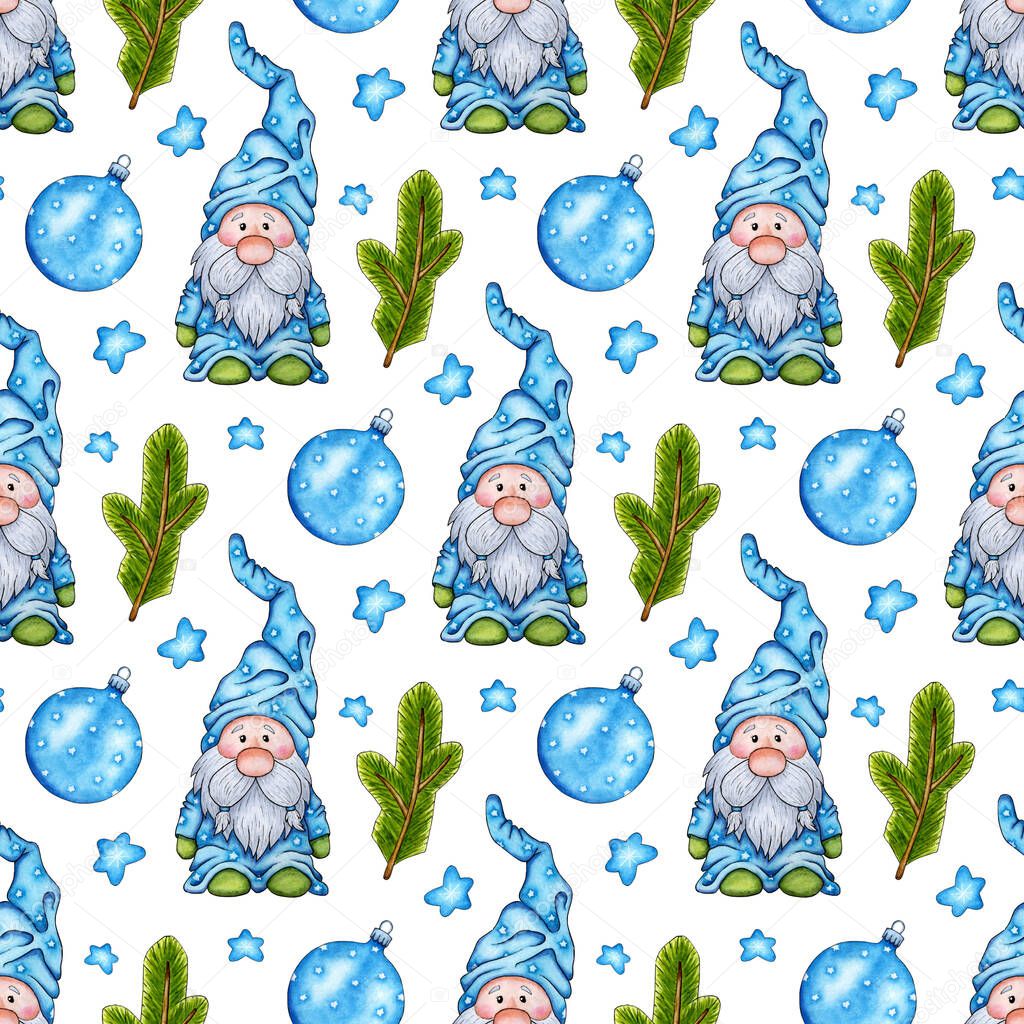 Watercolor painting pattern gnome, ball, fir branches and stars. Seamless repeating print in Scandinavian fairy style for Christmas and New Year. Illustration for clothing, packaging, gifts, cards, posters.