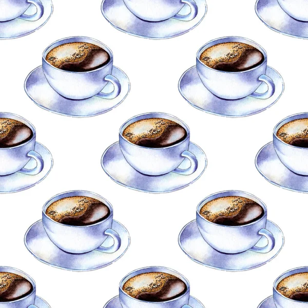 Vzor Akvarelu Ilustrace Bílých Šálků Kávy Podšálku Káva Bílém Šálku — Stockový vektor