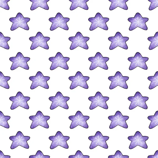 Watercolor illustration of a pattern of lilac celestial bodies. Seamless repeating background with hand drawn stars. Template for a space banner or poster. Elements of cosmonautics. Isolated over white background.