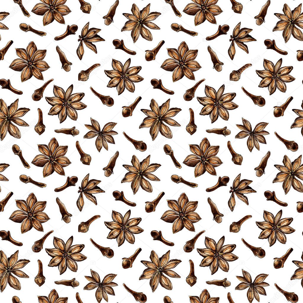 Watercolor painting pattern of cinnamon stars and cloves spices. Seamless repeating print with cinnamon bark and spice flowers. A fragrant ingredient for baked goods or coffee. Isolated on white. Drawn by hand.