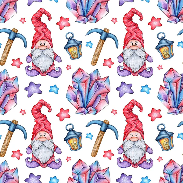 Suluboya boya desenli cüce, kazma, lamba, kristal, bir sürü anahtar. Mücevher ve metal madenciliği aletlerinin kusursuz bir tekrarı. Beyaz arka planda izole edilmiş. Elle çizilmiş..