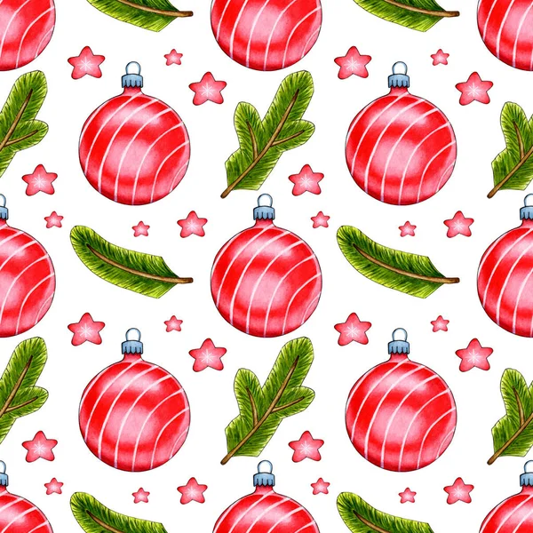 Watercolor Painting Pattern Red Christmas Balls Fir Branches Stars Seamless — Vettoriale Stock