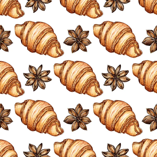 Watercolor Painting Pattern Croissant Cinnamon Stars Seamless Repeating Sweet Food — 스톡 벡터