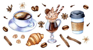 Köpüklü beyaz bir fincanda suluboya kahve, kremalı kokteyl kahve stanac ve baharatlar. Sade kahve ya da kapuçino. Kahvaltıda sıcak içecek. Sütlü ve kremalı kahve. Beyaz arkaplan üzerinde izole edilmiş.