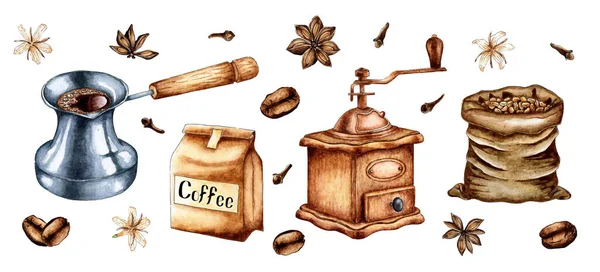 Συλλογή Από Ακουαρέλα Ζωγραφική Τέχνη Πακέτο Δοχεία Καφέ Μύλος Καφέ — Διανυσματικό Αρχείο