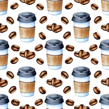 Suluboya desenli kahve fincanı ve fasulye. Kahve için kapaklı bir kağıt ya da plastik bardak. Fast food. Menü dekorasyonu, panolar, vitrinler, kartpostallar, posterler, duvar kağıtları. Beyazda izole edilmiş