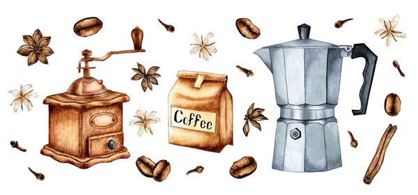 Sada Akvarel Malba Řemeslné Balení Kávovými Zrny Mlýnek Kávu Kávovar — Stockový vektor