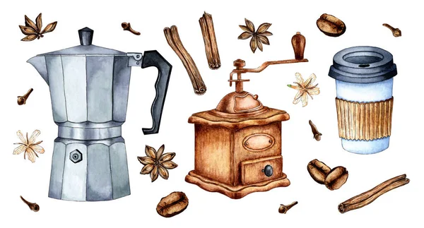 Set Watercolor Painting Glass Takeaway Coffee Coffee Grinder Coffee Maker — Vettoriale Stock