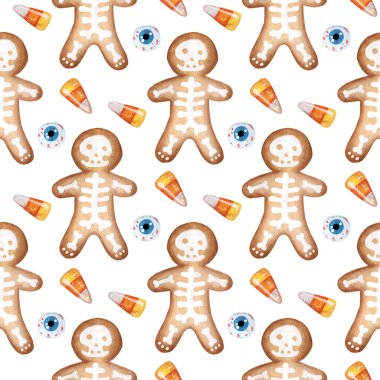 Watercolor painting pattern gingerbread man, decorated with glaze in the form of a skeleton, candy and eyes. Seamless repeating halloween festive cookies. Isolated over white background.