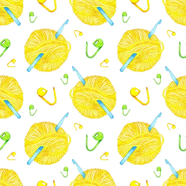 Watercolor Illustration Hook Pattern Stuck Yellow Skein Markers Seamless Repeating — 스톡 벡터