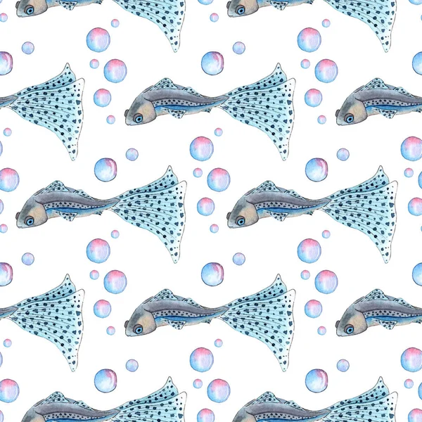 Illustration Aquarelle Petit Poisson Bleu Avec Une Grande Queue Tachetée — Image vectorielle