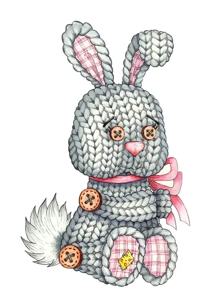 Watercolor Illustration Knitted Gray Rabbit Seamless Repeating Print Children Toy — Stock Vector