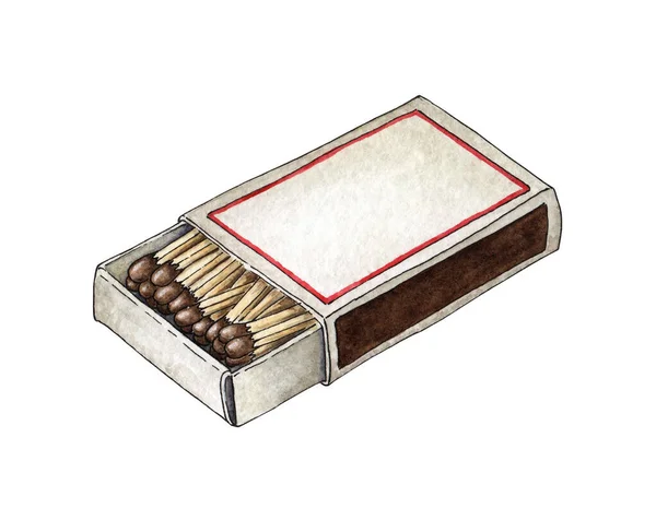 Watercolor Illustration Open Matchbox Full Red Matches Get Flame Light — Stock Photo, Image